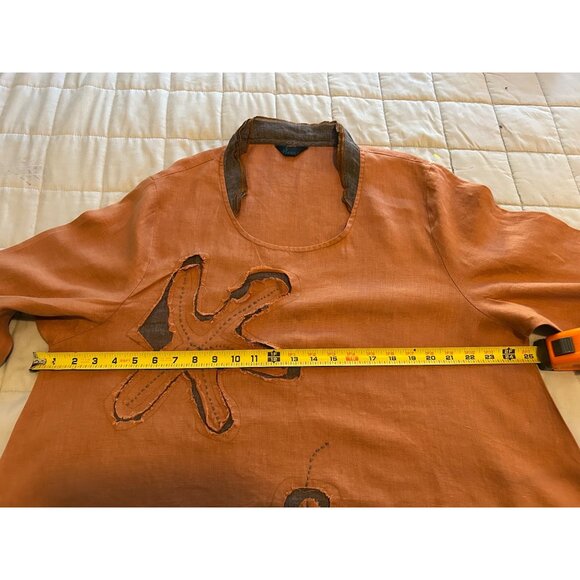 Peacock Ways Linen Blend Tunic Dress Orange Boho Artsy Asymmetrical Hem Embroide - Picture 3 of 14
